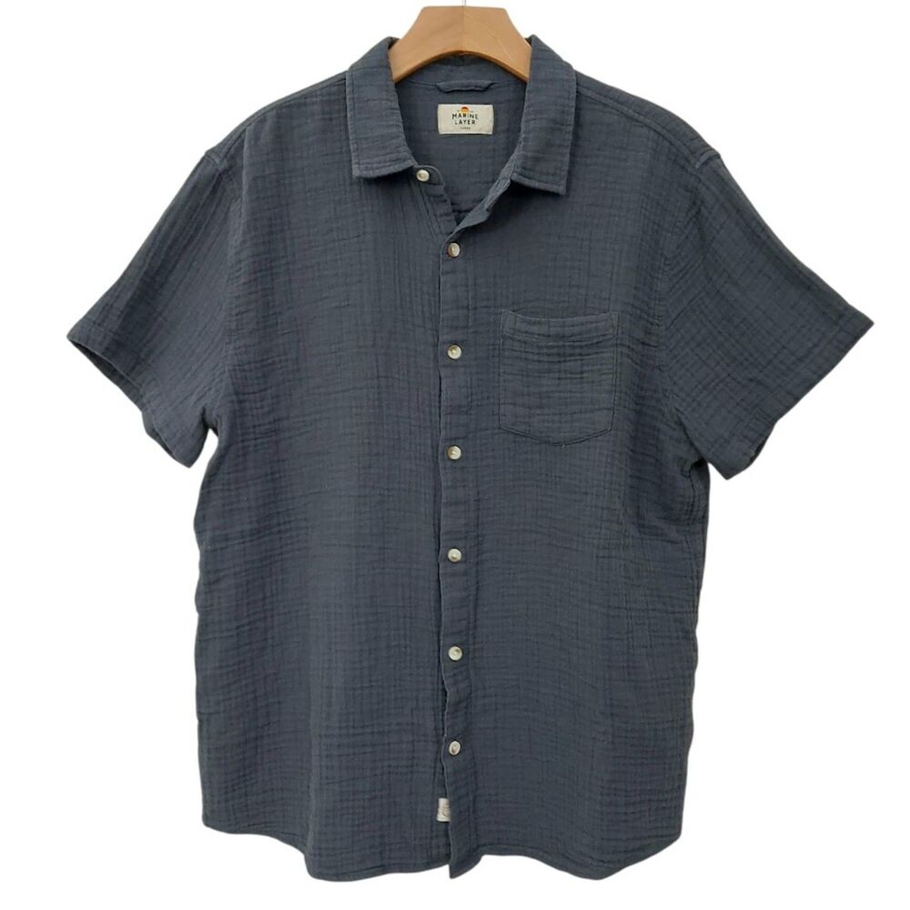 Marine Layer Shirt Mens Large  Charcoal Gray Cotton Gauze Short Sleeve Coastal